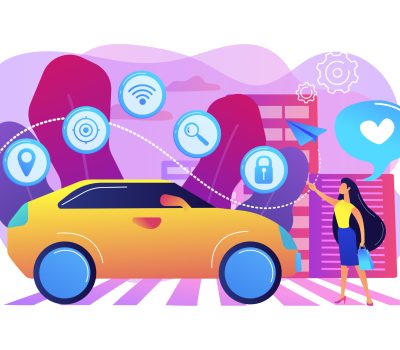 Businesswoman with heart likes using autonomos car with technology icons. Autonomous car, self-driving car, driverless robotic vehicle concept. Bright vibrant violet vector isolated illustration