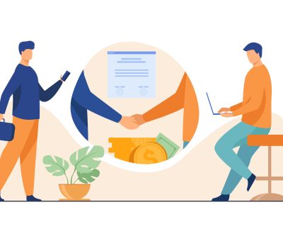 Business partners handshake. Business people shaking hands with each other over stack of money, closing deal. Vector illustration for startup, partnership, trust, investment, finance concept