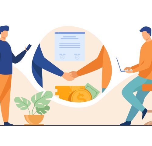 Business partners handshake. Business people shaking hands with each other over stack of money, closing deal. Vector illustration for startup, partnership, trust, investment, finance concept