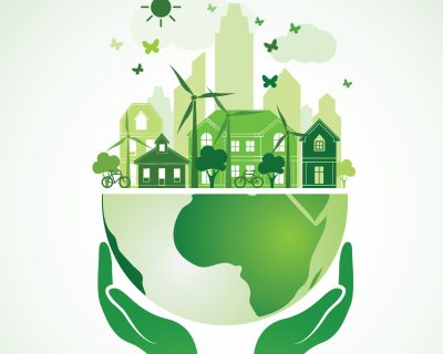 Hands Holding The Green Earth Globe with city ,Vector Illustration