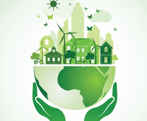 Hands Holding The Green Earth Globe with city ,Vector Illustration