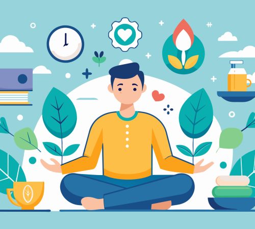 a man sitting in a lotus position with a clock and plants around him, An icon set representing mindfulness and meditation practices in vector format.